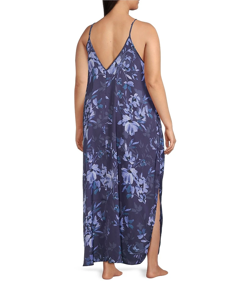VAN WINKLE & CO. Plus Size Moody Floral Sleeveless V-Neck Woven Satin Maxi Chemise