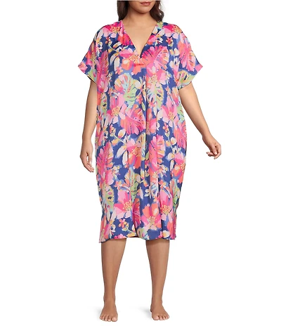 VAN WINKLE & CO. Plus Size Texture Tropical Print V-Neck Short Dolman Sleeve Satin Midi Caftan