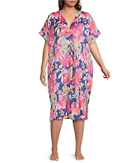 VAN WINKLE & CO. Plus Size Texture Tropical Print V-Neck Short Dolman Sleeve Satin Midi Caftan