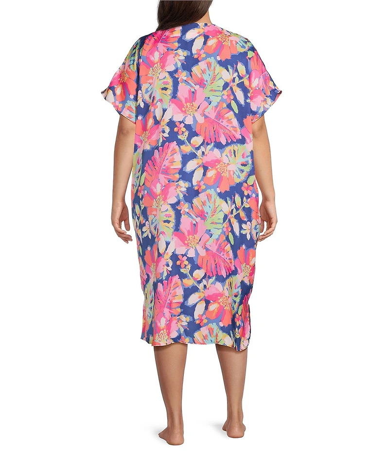 VAN WINKLE & CO. Plus Size Texture Tropical Print V-Neck Short Dolman Sleeve Satin Midi Caftan