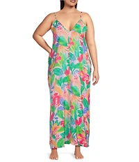 VAN WINKLE & CO. Plus Size Woven Satin Paradise Multi Print Sleeveless V-Neck Maxi Chemise
