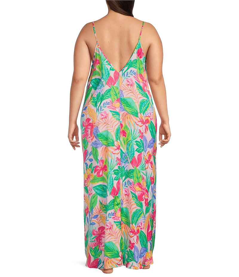 VAN WINKLE & CO. Plus Size Woven Satin Paradise Multi Print Sleeveless V-Neck Maxi Chemise