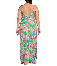 VAN WINKLE & CO. Plus Size Woven Satin Paradise Multi Print Sleeveless V-Neck Maxi Chemise