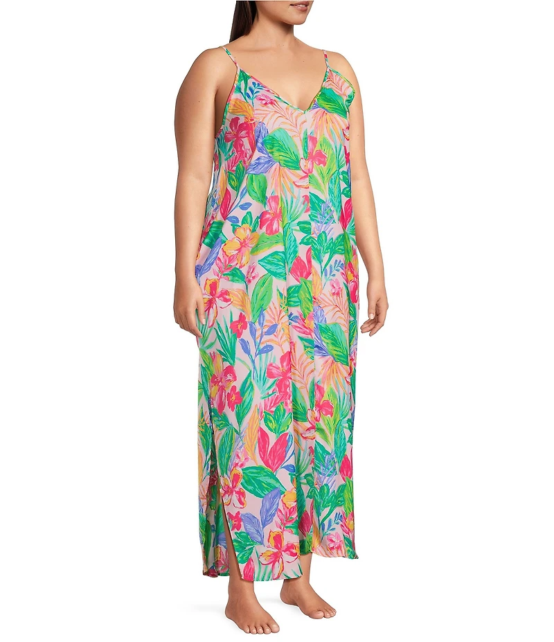 VAN WINKLE & CO. Plus Size Woven Satin Paradise Multi Print Sleeveless V-Neck Maxi Chemise