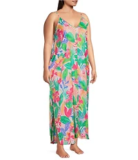 VAN WINKLE & CO. Plus Size Woven Satin Paradise Multi Print Sleeveless V-Neck Maxi Chemise