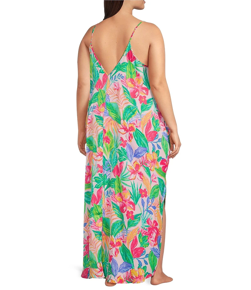 VAN WINKLE & CO. Plus Size Woven Satin Paradise Multi Print Sleeveless V-Neck Maxi Chemise