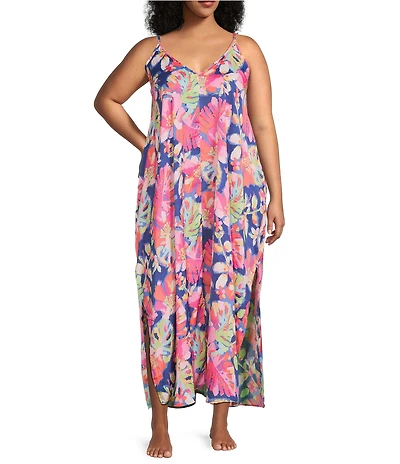 VAN WINKLE & CO. Plus Size Woven Satin Texture Tropical Print Sleeveless V-Neck Maxi Chemise