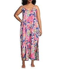 VAN WINKLE & CO. Plus Size Woven Satin Texture Tropical Print Sleeveless V-Neck Maxi Chemise