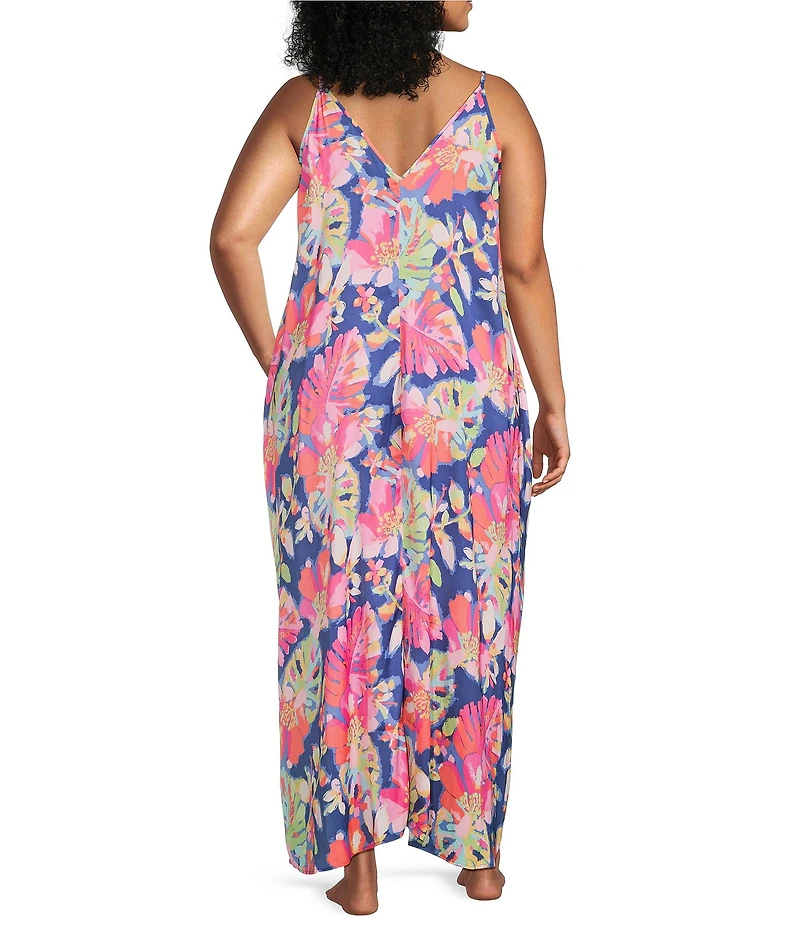 VAN WINKLE & CO. Plus Size Woven Satin Texture Tropical Print Sleeveless V-Neck Maxi Chemise