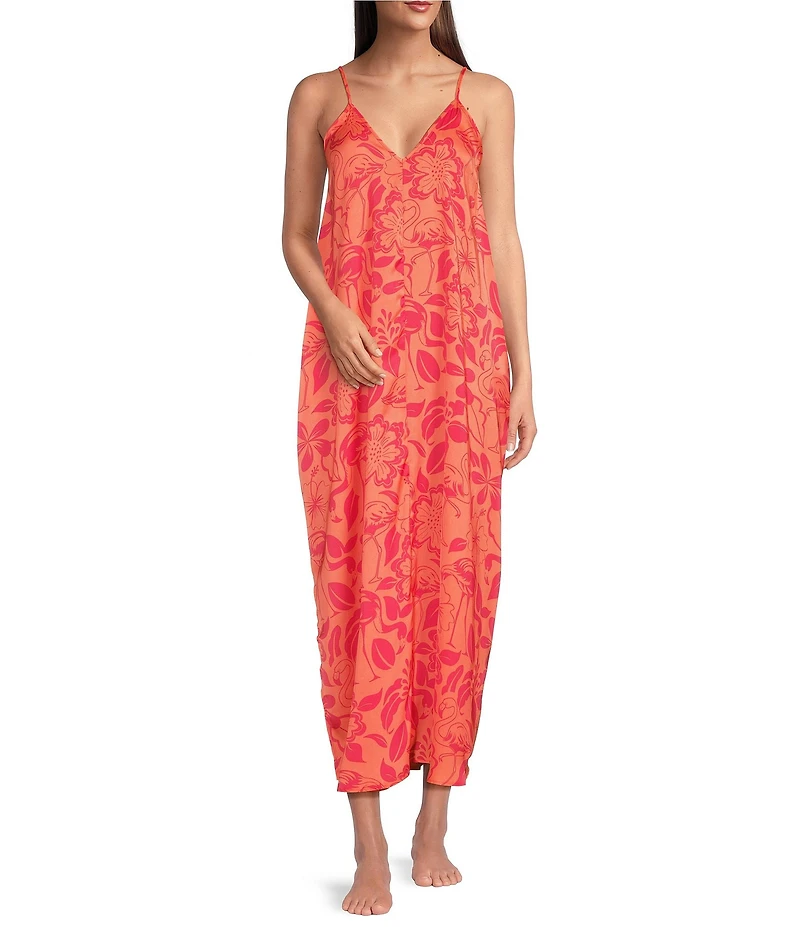 VAN WINKLE & CO. Satin Flamingo Print Sleeveless V-Neck Maxi Chemise