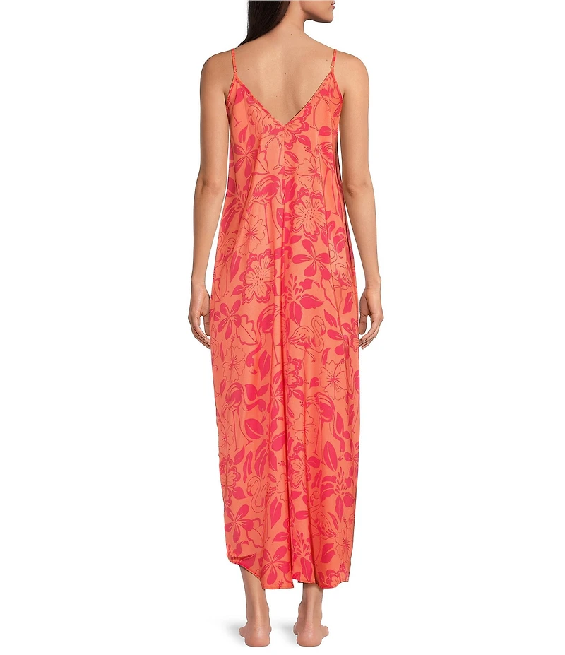 VAN WINKLE & CO. Satin Flamingo Print Sleeveless V-Neck Maxi Chemise