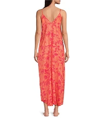 VAN WINKLE & CO. Satin Flamingo Print Sleeveless V-Neck Maxi Chemise