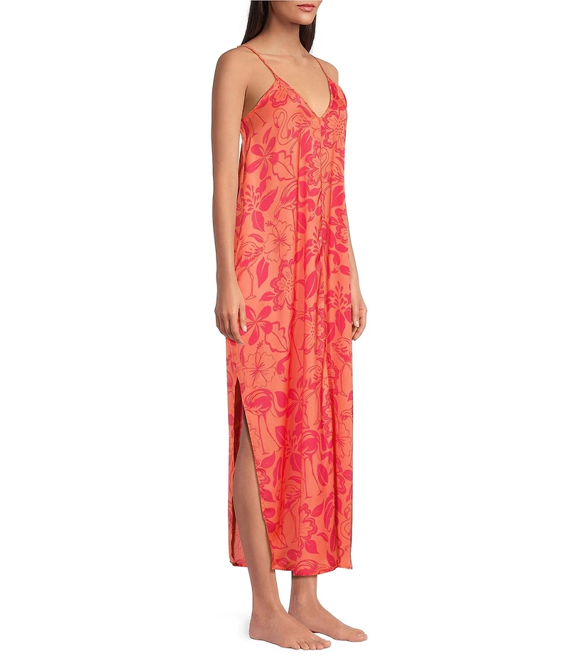 VAN WINKLE & CO. Satin Flamingo Print Sleeveless V-Neck Maxi Chemise