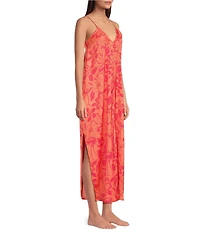 VAN WINKLE & CO. Satin Flamingo Print Sleeveless V-Neck Maxi Chemise