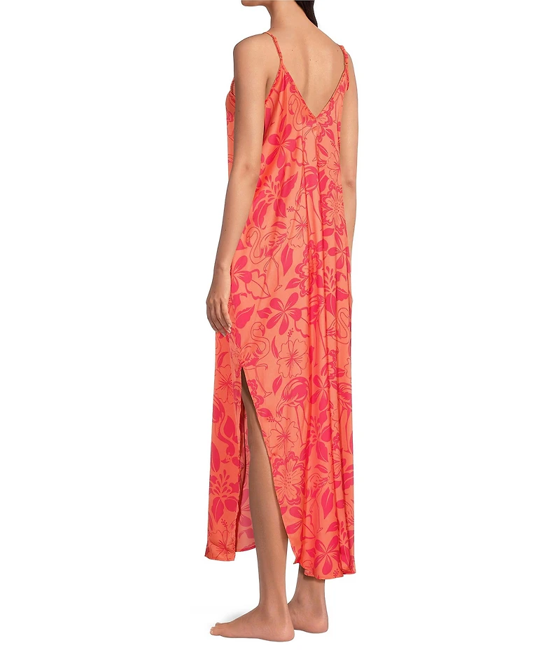 VAN WINKLE & CO. Satin Flamingo Print Sleeveless V-Neck Maxi Chemise