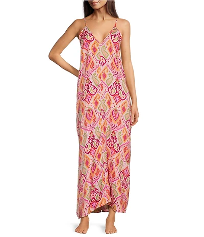 VAN WINKLE & CO. Satin Paisley Print Sleeveless V-Neck Maxi Chemise