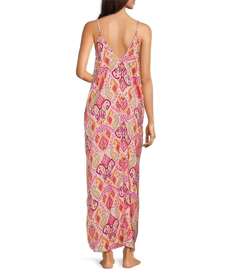 VAN WINKLE & CO. Satin Paisley Print Sleeveless V-Neck Maxi Chemise