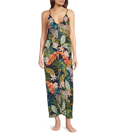 VAN WINKLE & CO. Satin Wild Jungle Print Sleeveless V-Neck Maxi Chemise