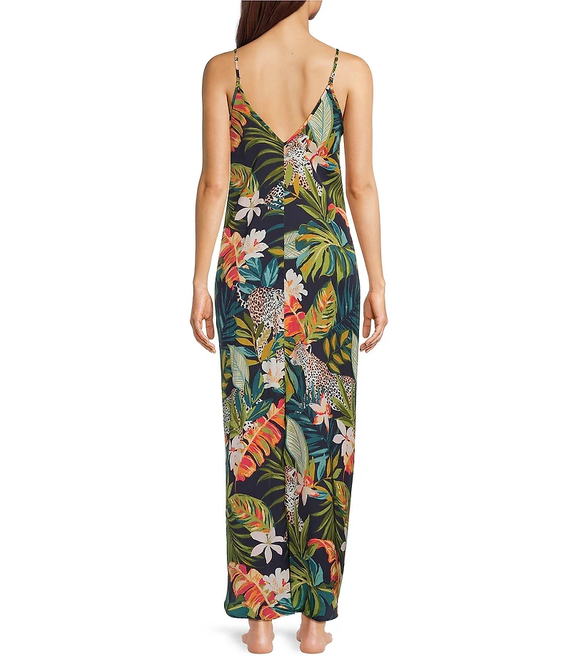 VAN WINKLE & CO. Satin Wild Jungle Print Sleeveless V-Neck Maxi Chemise