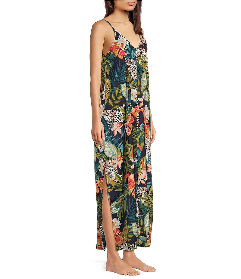 VAN WINKLE & CO. Satin Wild Jungle Print Sleeveless V-Neck Maxi Chemise