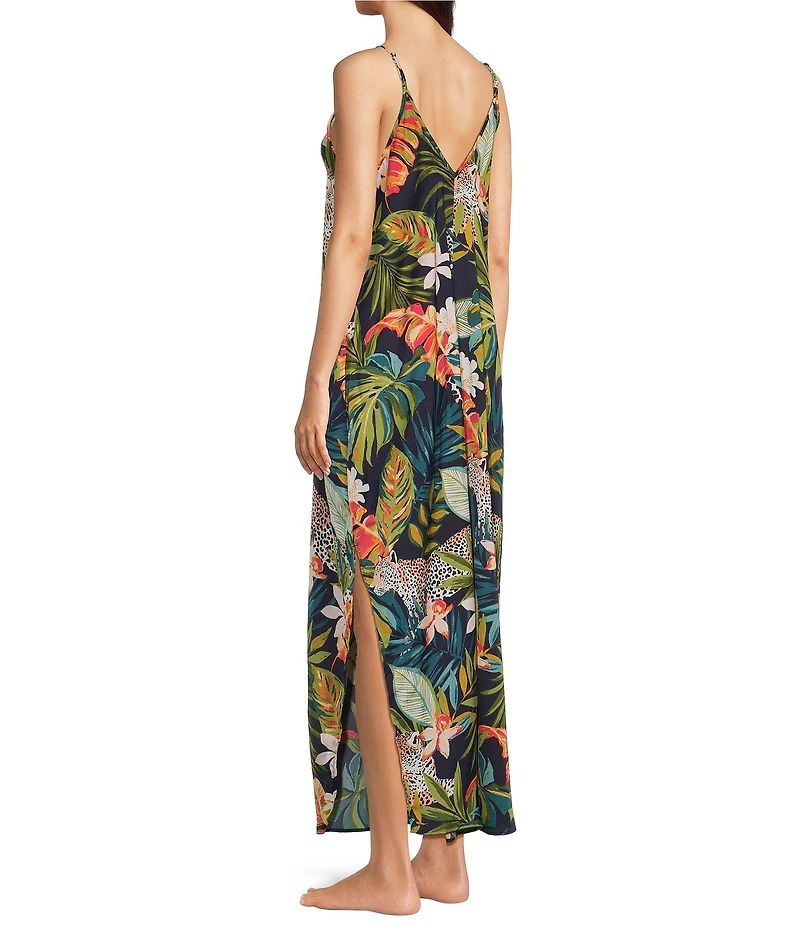 VAN WINKLE & CO. Satin Wild Jungle Print Sleeveless V-Neck Maxi Chemise