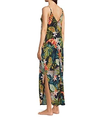VAN WINKLE & CO. Satin Wild Jungle Print Sleeveless V-Neck Maxi Chemise