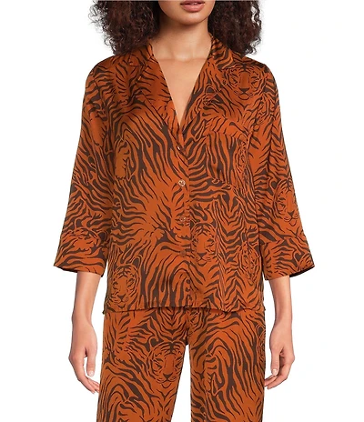 Van Winkle & Co. Satin Wild Tiger Print 3/4 Sleeve Notch Collar Coordinating Sleep Top