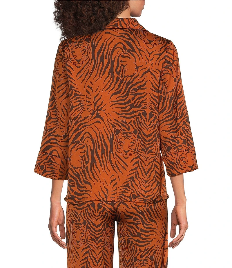 Van Winkle & Co. Satin Wild Tiger Print 3/4 Sleeve Notch Collar Coordinating Sleep Top
