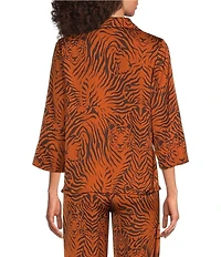 Van Winkle & Co. Satin Wild Tiger Print 3/4 Sleeve Notch Collar Coordinating Sleep Top