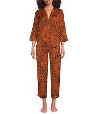Van Winkle & Co. Satin Wild Tiger Print 3/4 Sleeve Notch Collar Coordinating Sleep Top