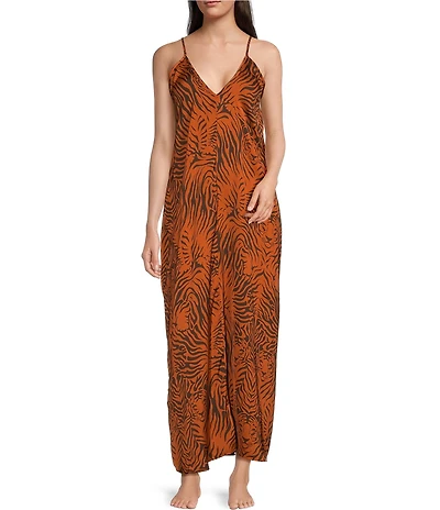VAN WINKLE & CO. Satin Wild Tiger Print Sleeveless V-Neck Maxi Chemise