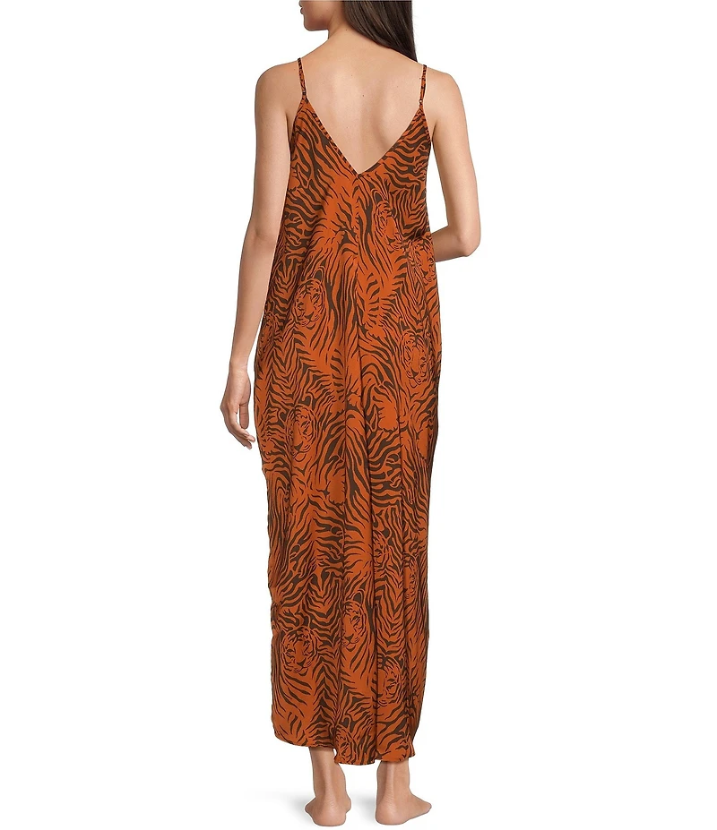 VAN WINKLE & CO. Satin Wild Tiger Print Sleeveless V-Neck Maxi Chemise