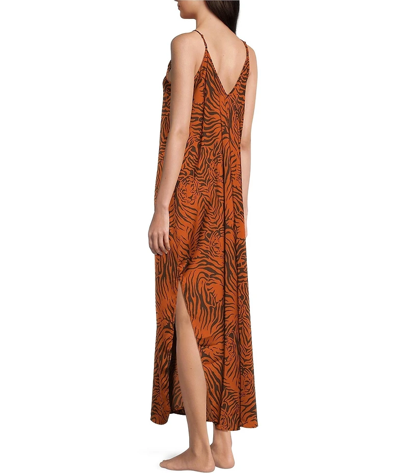 VAN WINKLE & CO. Satin Wild Tiger Print Sleeveless V-Neck Maxi Chemise
