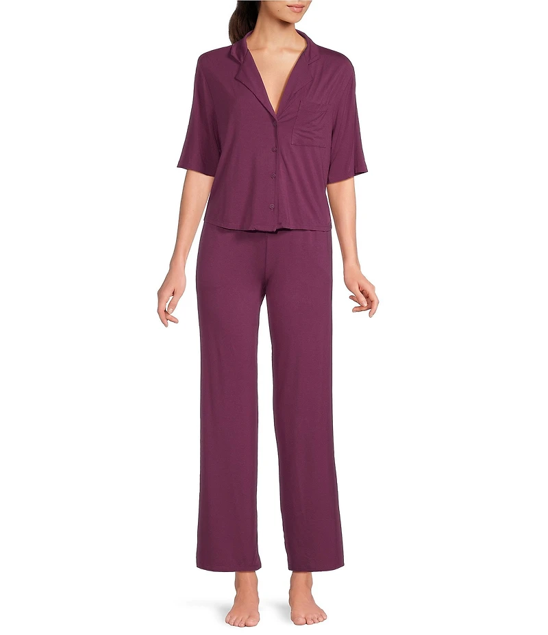 VAN WINKLE & CO. Solid Jersey Knit Short Sleeve Notch Collar Long Pajama Set