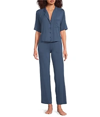 VAN WINKLE & CO. Solid Jersey Knit Short Sleeve Notch Collar Long Pajama Set