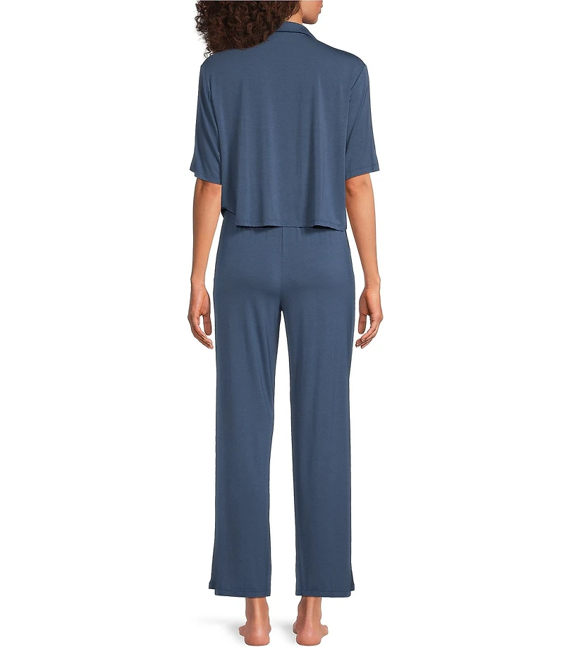 VAN WINKLE & CO. Solid Jersey Knit Short Sleeve Notch Collar Long Pajama Set