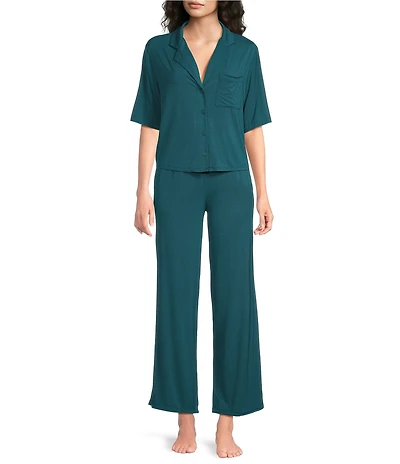 VAN WINKLE & CO. Solid Jersey Knit Short Sleeve Notch Collar Long Pajama Set