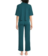 VAN WINKLE & CO. Solid Jersey Knit Short Sleeve Notch Collar Long Pajama Set