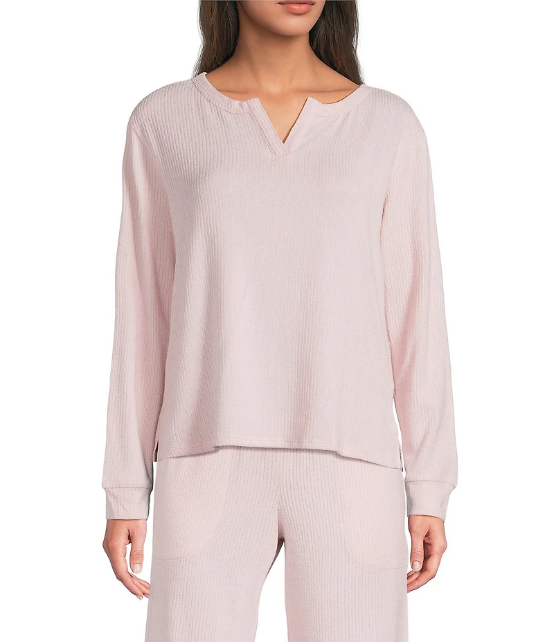 VAN WINKLE & CO. Solid Ribbed Knit Split Round Neck Long Sleeve Coordinating Sleep Top