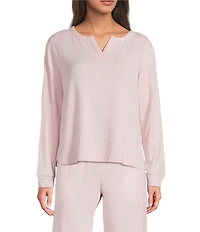 VAN WINKLE & CO. Solid Ribbed Knit Split Round Neck Long Sleeve Coordinating Sleep Top