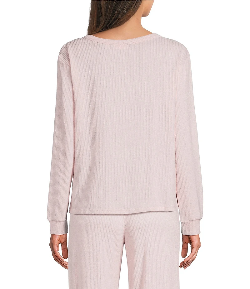 VAN WINKLE & CO. Solid Ribbed Knit Split Round Neck Long Sleeve Coordinating Sleep Top