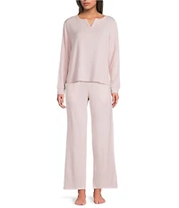 VAN WINKLE & CO. Solid Ribbed Knit Split Round Neck Long Sleeve Coordinating Sleep Top