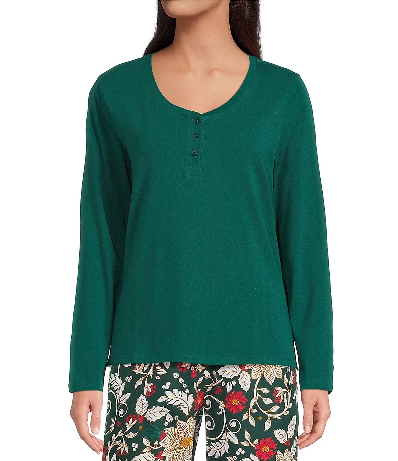 Sleep Sense Solid Ribbed Knit Split Round Neck Long Sleeve Coordinating Sleep Top