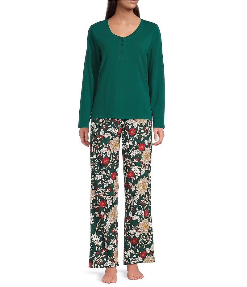 Sleep Sense Solid Ribbed Knit Split Round Neck Long Sleeve Coordinating Sleep Top