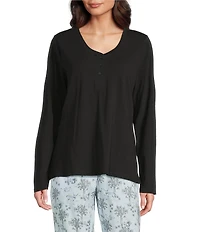 Sleep Sense Solid Ribbed Knit Split Round Neck Long Sleeve Coordinating Sleep Top