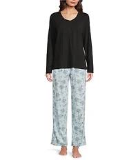 Sleep Sense Solid Ribbed Knit Split Round Neck Long Sleeve Coordinating Sleep Top