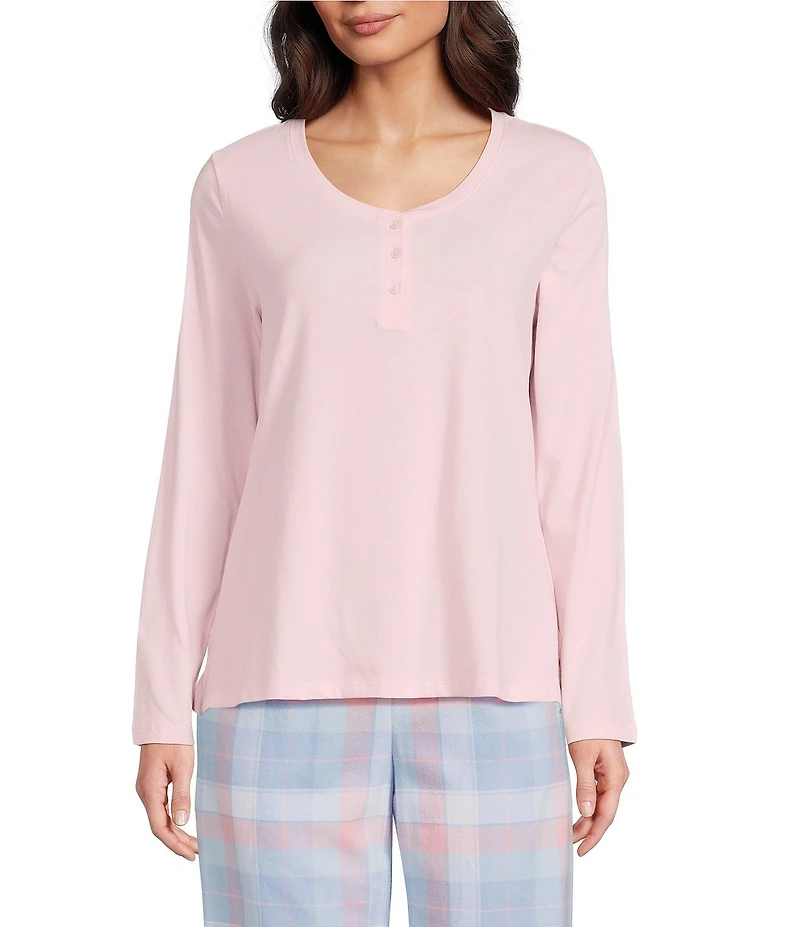 Sleep Sense Solid Ribbed Knit Split Round Neck Long Sleeve Coordinating Sleep Top