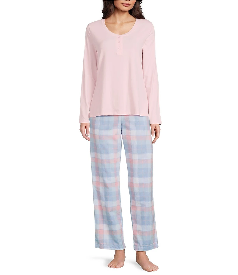 Sleep Sense Solid Ribbed Knit Split Round Neck Long Sleeve Coordinating Sleep Top