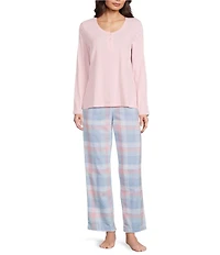 Sleep Sense Solid Ribbed Knit Split Round Neck Long Sleeve Coordinating Sleep Top