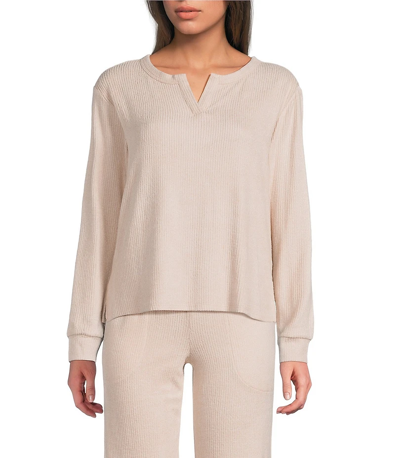 VAN WINKLE & CO. Solid Ribbed Knit Split Round Neck Long Sleeve Coordinating Sleep Top